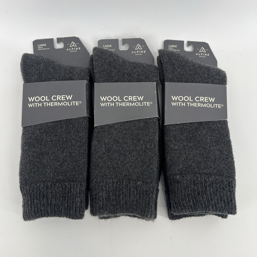 Alpine Design Merino Wool Crew Socks With Thermolite Men's Large 9-12 - 3 Pair